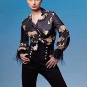 Ooh La La Big Cheetah Marabou Feather Cuffs Blouse - NWOT